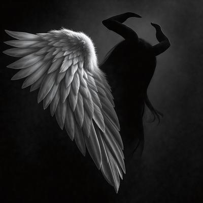 Primary subject: A winged figure, possibly an angel or a demon, with white wings.

Setting/background: A dark, possibly black, background.

Visual style: The image is a digital art or illustration.

Colors and mood: The image has a predominantly black and white color scheme, with the white wings of the figure standing out against the dark background. The overall atmosphere is mysterious and dramatic.